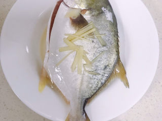 清蒸白鲳鱼,白鲳鱼用料酒和姜丝先腌一会儿。