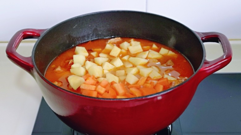 牛腩萝卜汤,40分钟后，牛腩的口感正好适合我，这时加入土豆块，胡萝卜块，按个人口味加入盐，再炖15分钟，土豆炖熟即可。