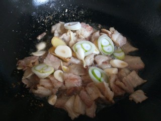 猪肉炖豆角,煸炒出油放入葱姜蒜炒香。