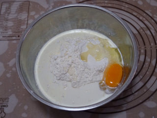 摩卡咖啡面包,揉面部分：在大盆中放入面粉，再放入盐、细砂糖、酵母粉混合均匀，再放入纯牛奶和鸡蛋，并搅拌，用刮刀拌匀。
