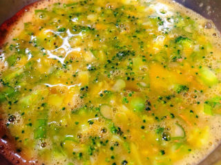 腊肠炒鸡蛋,将西兰花好葱放入蛋液中同时放入盐和味精搅拌均匀入味