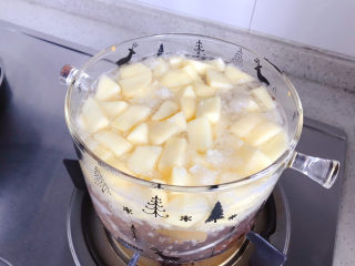 桃胶金燕耳苹果甜汤～提高免疫力佳品,大火烧开之后转小火，继续煮20分钟，不要盖上锅盖，以免胶质溢出