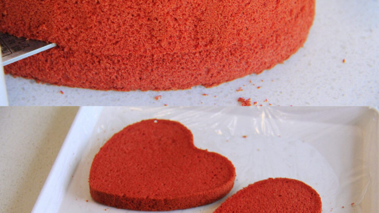 自带情话的红丝绒奶油蛋糕,8、 冷却的蛋糕脱模，分成均匀的3片，盖好备用（可在表面先预留薄薄的一片用于装饰）。