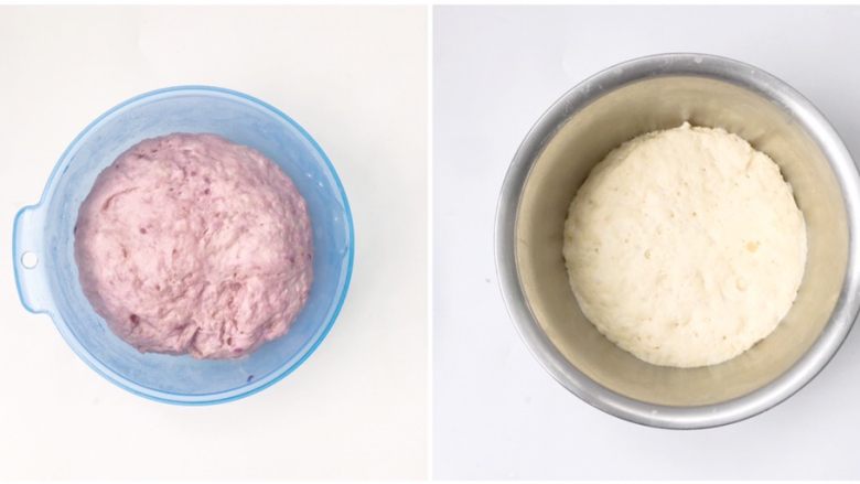双薯刀切小馒头,紫薯面团和红薯面团发酵至两倍大