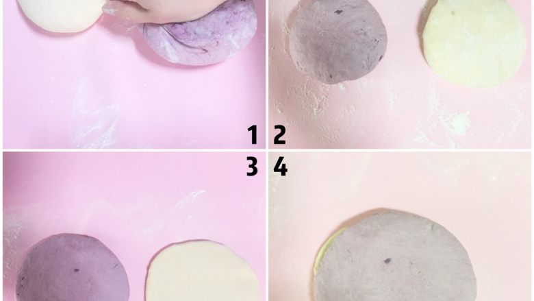 双薯刀切小馒头,先排气，分别揉成圆形的面团，再用擀面杖擀成小圆形。红薯面片在下面紫薯面片在上面叠加。