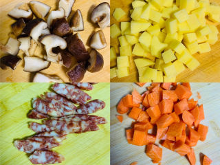 香菇腊肠焖饭,香菇提前泡发切丁、土豆去皮切丁、胡萝卜去皮切丁、腊肠斜刀切片备用