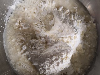 青菜肉包,面粉白糖酵母水食用油都倒入盆里。