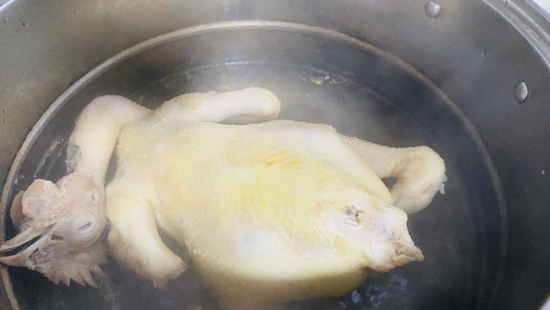 家庭版白切鸡,十分钟后盖上锅盖翻另一面煮。煮至用筷子戳穿鸡腿无血水渗出即可。