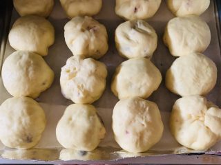 紫薯小面包,烤盘垫油纸，摆放好面团进行二次发酵20分钟。