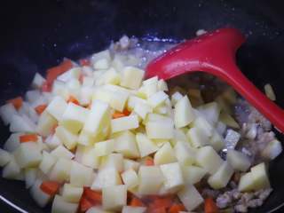 肉末烧土豆,待肉香味儿出来以后加入土豆丁和胡萝卜丁翻炒，胡萝卜丁用的比较少，主要起到丰富营养和点缀菜色的作用。