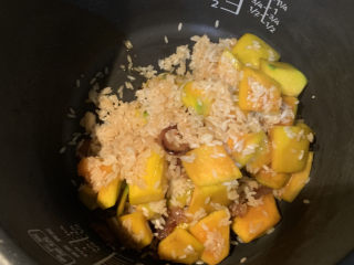 南瓜腊肠焖饭,把炒好的米，南瓜，腊肠带汁全部倒入电饭煲里