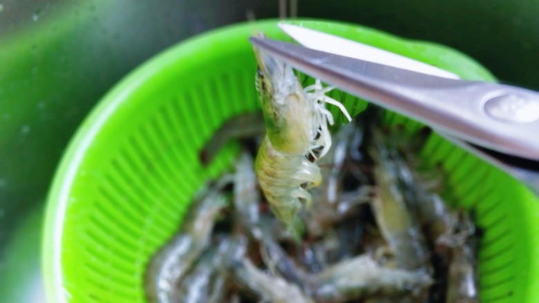 白灼大虾,首先处理鲜虾，将爪子剪掉。