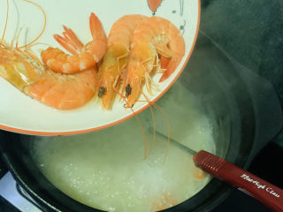 鲜虾砂锅粥,这时把灼水完的虾，倒入大虾里，开大火，再煮开一会；