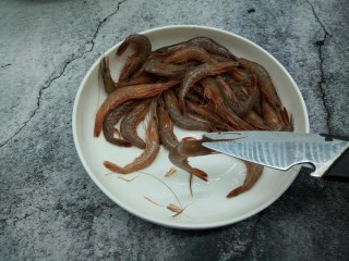 鲜虾砂锅粥,用剪刀剪去虾枪（吃的时候不容易扎到嘴巴）