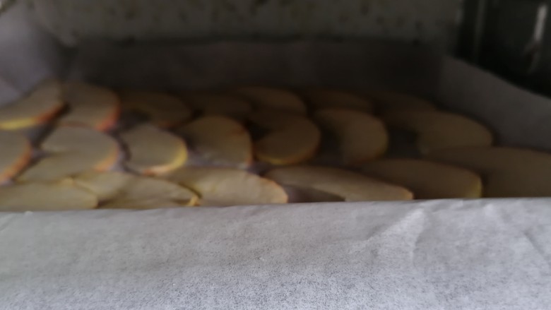 烤苹果片,烤箱提前预热然后上下火一百度烤六十分钟，具体根据自家烤箱情况来定。
