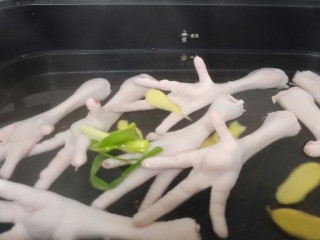麻辣卤鸡爪,锅里加适量的清水（加水位置不能超过煮食物的最高位）冷水下鸡爪、加点生姜片、葱一起煮。