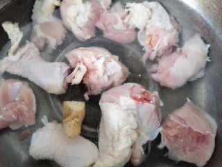 鸡腿炖香菇,鸡腿放入锅内焯水，放入生姜去腥