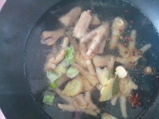 麻辣卤鸡爪,起锅加水，放入调料：花椒，大料，葱，姜片，料酒，中火炖半个小时。