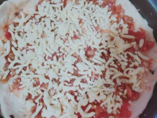 鸡肉披萨,4撒上一层马苏里拉奶酪，可以多撒一点