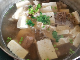 牛肉炖豆腐,最后撒上少许香菜末出锅。