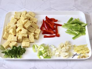 海杂鱼酱焖冻豆腐,青红辣椒去籽切条，葱姜蒜切碎，香菜切段，冻豆腐切小块。