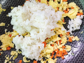 胡萝卜蛋炒饭,放入米饭