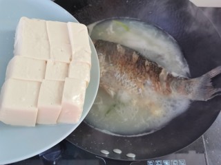 奶白鲫鱼豆腐汤,烧好倒入豆腐继续中小火炖20分钟