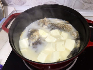 奶白鲫鱼豆腐汤,小火加盖炖煮10分钟入味；