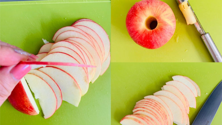 苹果玫瑰花挞,苹果洗净去核，切成2毫米均匀的薄片。