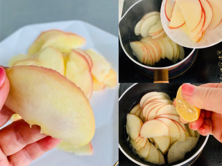 苹果玫瑰花挞,将切好的苹果放入锅中挤入柠檬汁，不要离开哟！！注意观察苹果片变软即可离火，捞出控干水分备用。