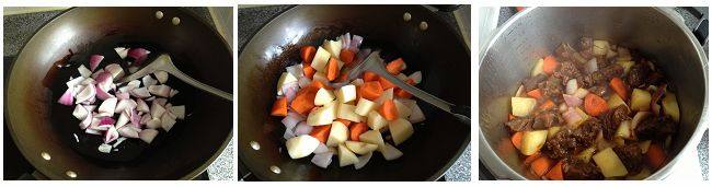 胡萝卜土豆烧牛腩,炒锅加少量油，小火炒香洋葱，再加入胡萝卜和土豆翻炒约3分钟，加入牛腩锅中，大火烧开后转小火煲约20分钟即可。