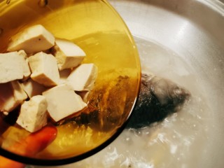 奶白鲫鱼豆腐汤,放入豆腐继续煮制