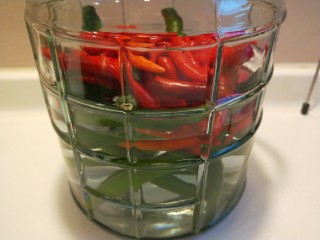 自制四川泡菜,把辣椒放入罐子，加入冷开水。