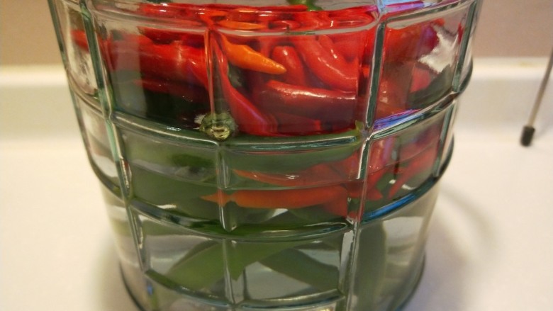 自制四川泡菜,把辣椒放入罐子，加入冷开水。