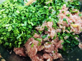 韭菜猪肉馅水饺,搅拌好肉馅，加入切好的韭菜。