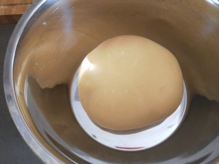 红豆沙拉丝面包,放入盆中封膜发酵。