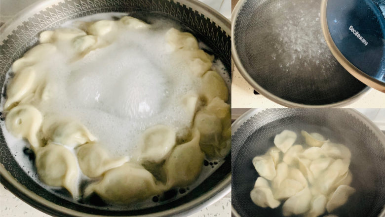 韭菜猪肉馅水饺,锅中烧水，水开放入饺子。饺子刚刚下入锅中时用勺子不停的沿着锅边推动饺子。水再次开锅时，即时4分钟即可捞出。