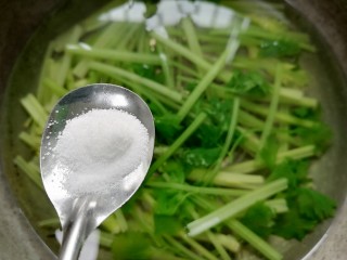 芹菜拌腐竹,加入一勺盐使芹菜颜色更翠绿