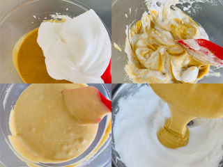 香浓咖啡奶油蛋糕卷,取三分之一的蛋白加入到蛋黄中，用刮刀从下至上叙述翻版均匀后，将面糊全部导入蛋白中，继续翻版均匀。