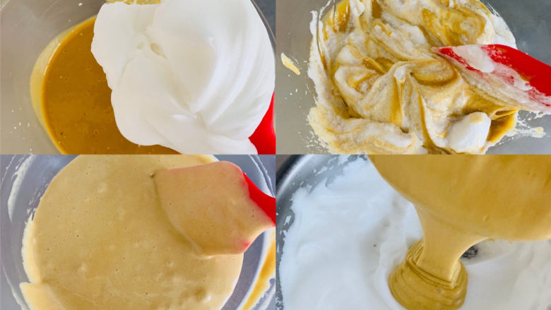 香浓咖啡奶油蛋糕卷,取三分之一的蛋白加入到蛋黄中，用刮刀从下至上叙述翻版均匀后，将面糊全部导入蛋白中，继续翻版均匀。