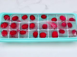 自制蔓越莓冰酸奶（内附酸奶做法）,把蔓越莓果清洗后，放入冰格里，加入纯净水，放入冰箱冷冻。