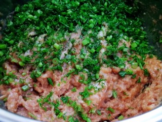 包子【茴香猪肉+西葫芦鸡蛋】,把切好的茴香倒入肉馅碗里。