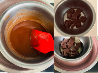 浓情布朗尼蛋糕,将来玉米油巧克力倒入盆中。隔水加热至巧克力融化，巧克力玉米油充分溶解。