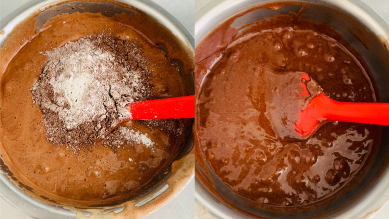 浓情布朗尼蛋糕,加入过筛的粉类再次搅拌均匀。
