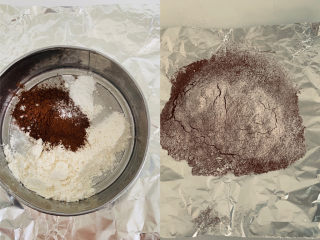 浓情布朗尼蛋糕,低筋面粉、可可粉、泡打粉过筛备用