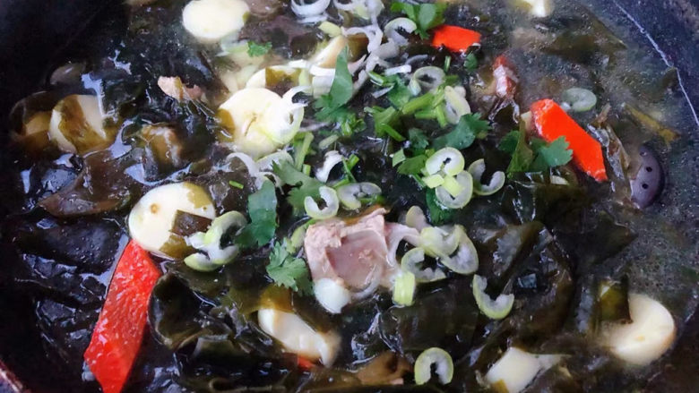 海带豆腐汤,最后放入味精调味均匀撒上葱花和香菜提鲜即可出锅享用
