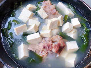 海带筒骨汤,豆腐切块焯水后放入锅中中火炖十分钟