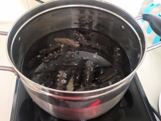 淡干海参泡发,把海参放入一个无油的干净的煮锅里面，加入纯净水