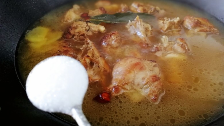 红烧鸭肉,放入一小勺盐，盖上盖子文火炖30分。