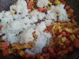 菠萝饭,最后放入米饭，炒散，放盐调味即可
